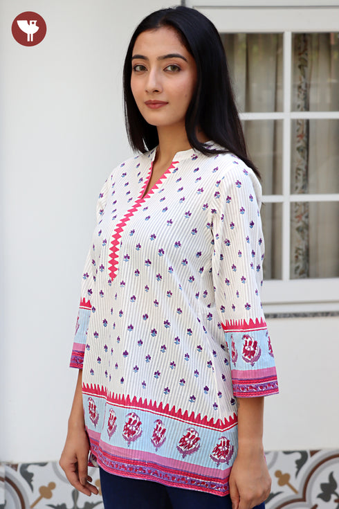 Cotton Stripe Top in Floral Block Print