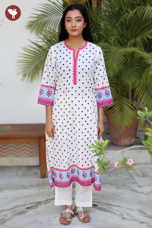 Cotton Stripe Kurta in Floral Block Print