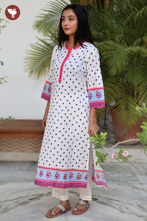 Cotton Stripe Kurta in Floral Block Print