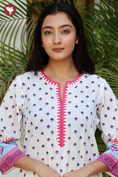 Cotton Stripe Kurta in Floral Block Print