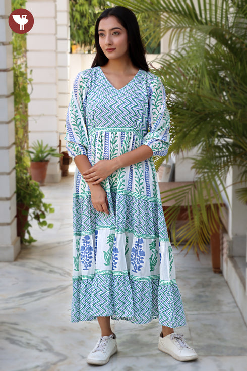 Mulmul Cotton Dress In Zigzag Floral Block Print