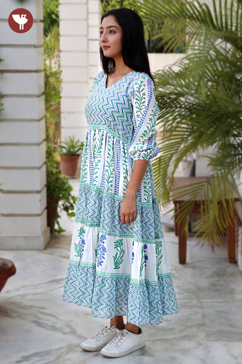 Mulmul Cotton Dress In Zigzag Floral Block Print