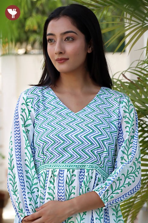 Mulmul Cotton Dress In Zigzag Floral Block Print