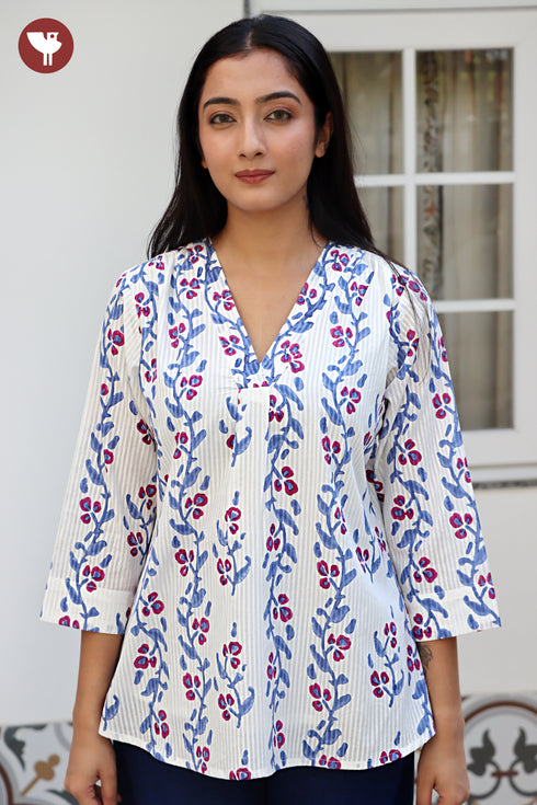 Cotton Stripe Top in Floral Block Print