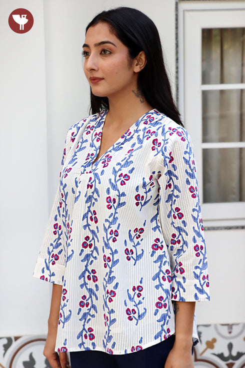 Cotton Stripe Top in Floral Block Print