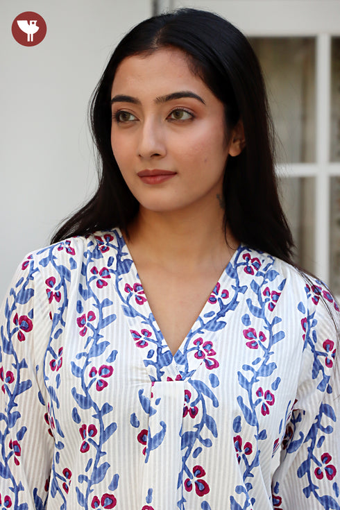 Cotton Stripe Top in Floral Block Print