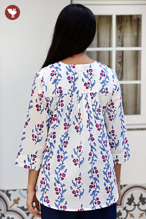 Cotton Stripe Top in Floral Block Print