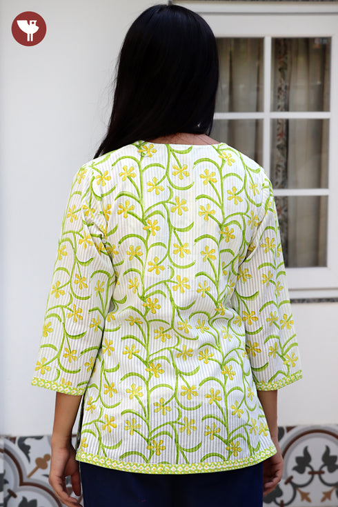 Cotton Stripe Top in Floral Block Print