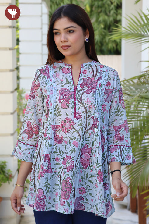 Mul Mul Cotton Steel Blue & Pink Pintuck Top