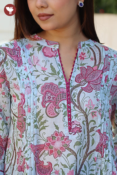 Mul Mul Cotton Steel Blue & Pink Pintuck Top
