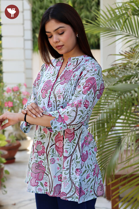 Mul Mul Cotton Steel Blue & Pink Pintuck Top