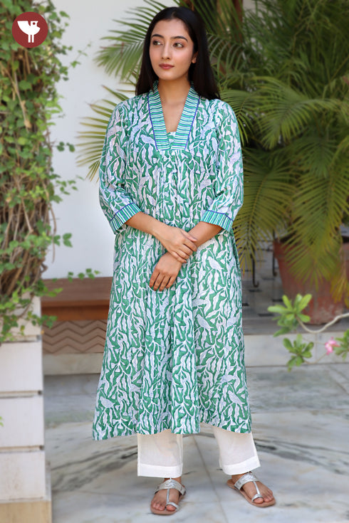 Mulmul Cotton Kurta In Floral Block Print