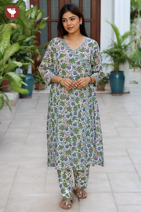 Mul Mul Cotton Grey & Purple Floral Kurta