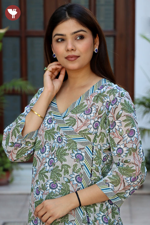 Mul Mul Cotton Grey & Purple Floral Kurta