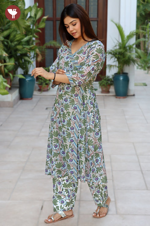 Mul Mul Cotton Grey & Purple Floral Kurta