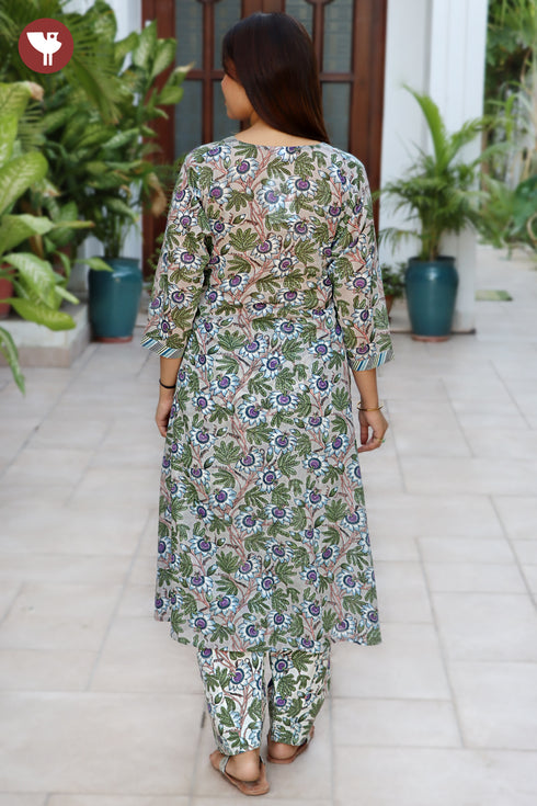Mul Mul Cotton Grey & Purple Floral Kurta