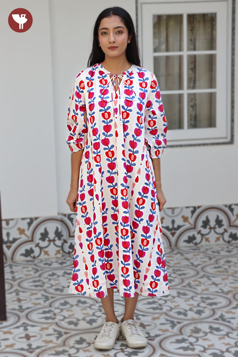 Cotton Striped Dress In Floral Block Print