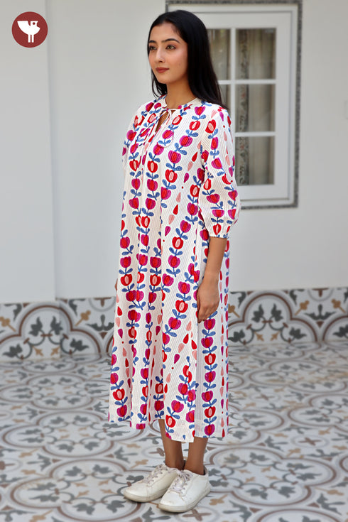 Cotton Striped Dress In Floral Block Print