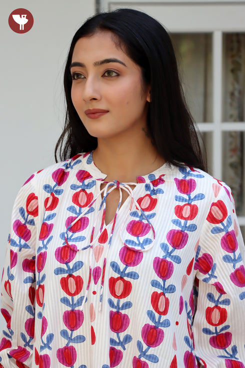 Cotton Striped Dress In Floral Block Print