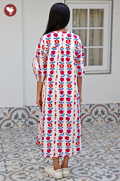 Cotton Striped Dress In Floral Block Print