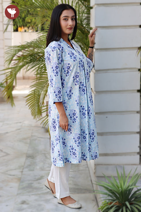 Cambric Cotton Kurta In Floral Block Print