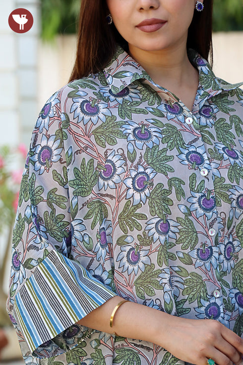 Mul Mul Cotton Light Grey Floral Shirt Style Top