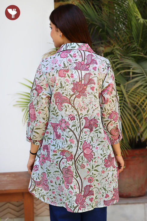 Mul Mul Cotton Steel Blue & Pink Floral Shirt