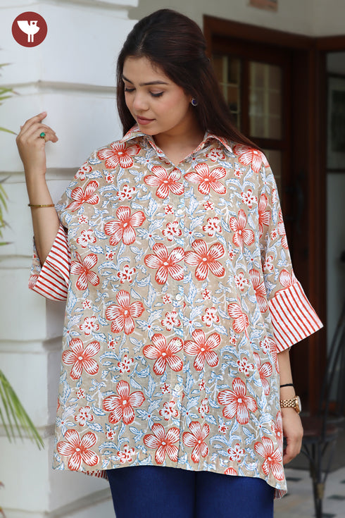 Mul Mul Cotton Shirt Style Top in Floral Block Print
