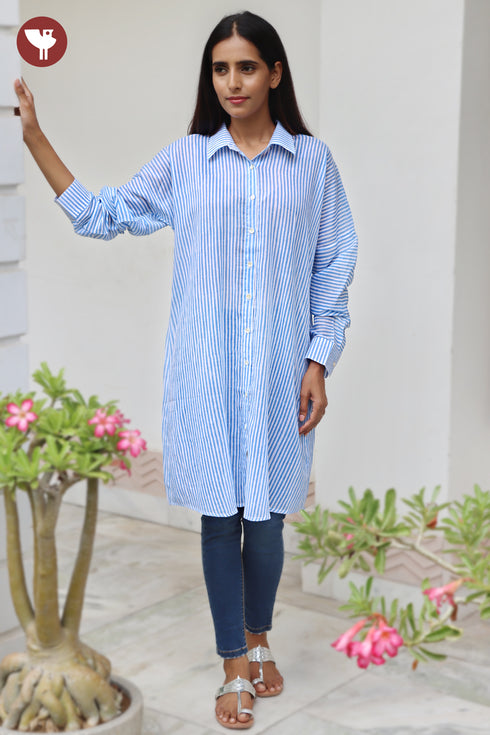 MulMul Cotton Shirt Style Top in Stripe Block Print