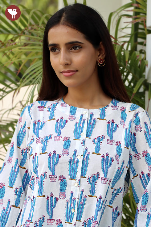 Cambric Cotton White Top in Block Print
