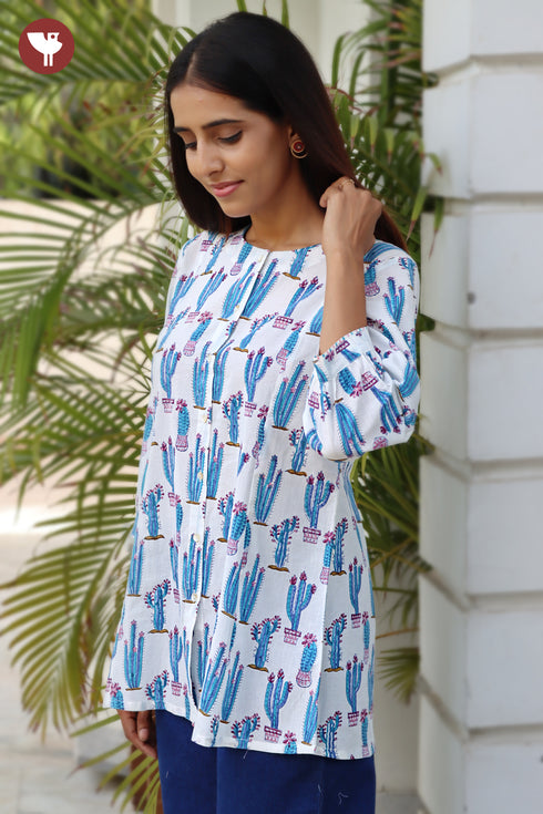 Cambric Cotton White Top in Block Print