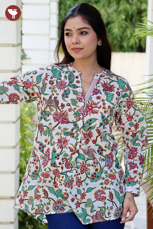 100% Cambric Cotton Floral Frill Top