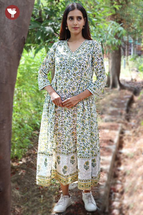Mul Mul Cotton Dress In Floral Block Print