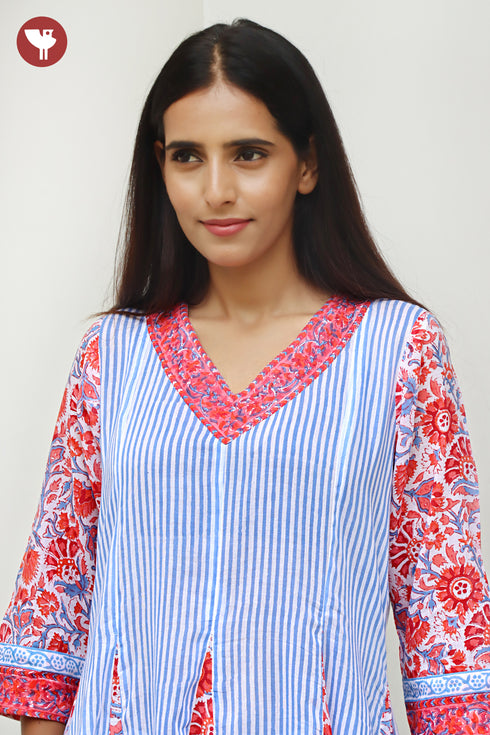 MulMul Cotton Kali Style Kurta in Stripe&Floral Block Print