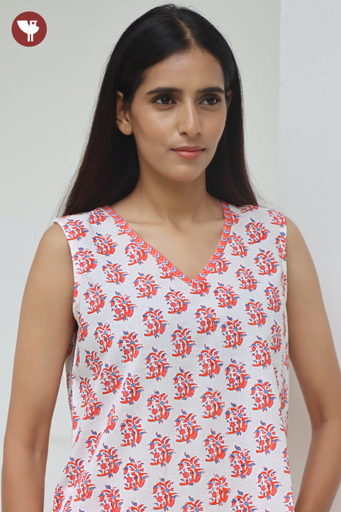 Cambric Cotton Sleeveless Co-Ord Set in Floral Block Print