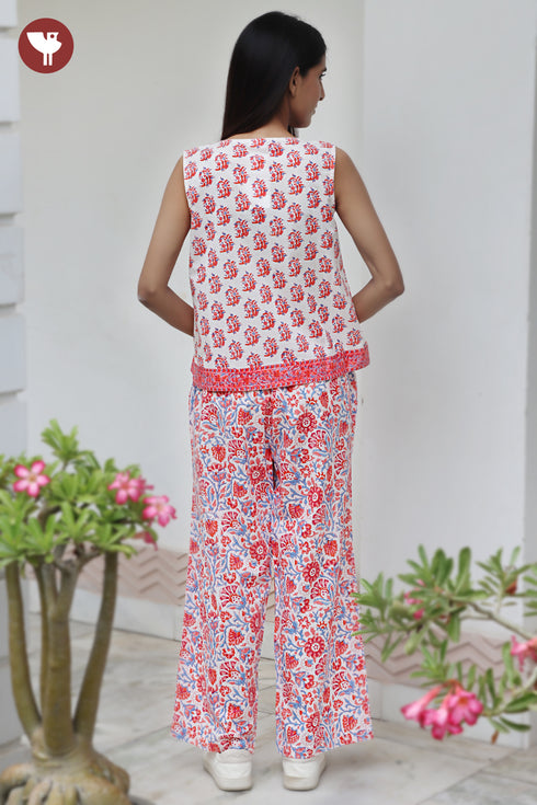Cambric Cotton Sleeveless Co-Ord Set in Floral Block Print