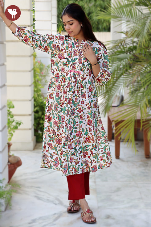 Cambric Cotton Floral Pintuck Kurta