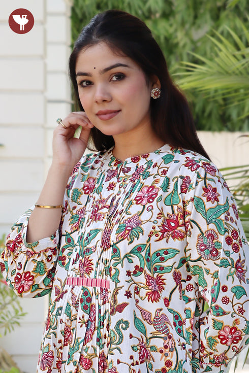 Cambric Cotton Floral Pintuck Kurta