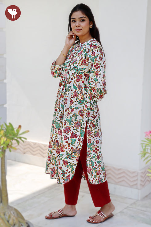 Cambric Cotton Floral Pintuck Kurta