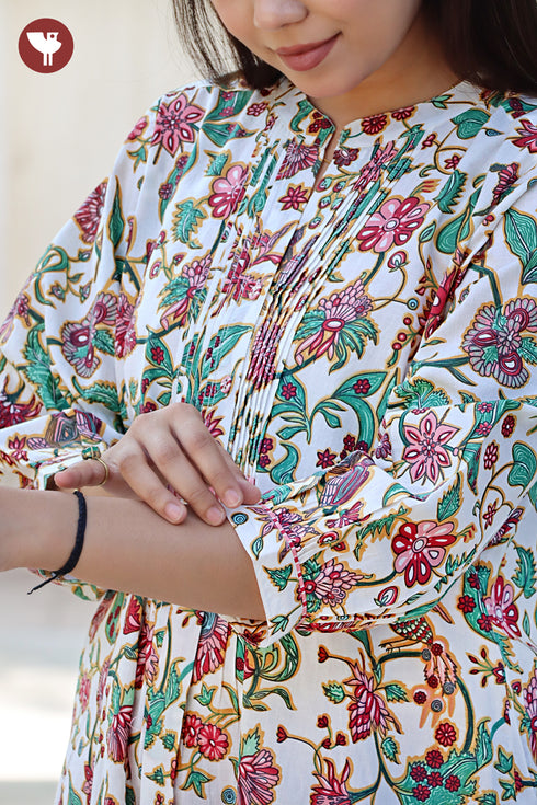 Cambric Cotton Floral Pintuck Kurta