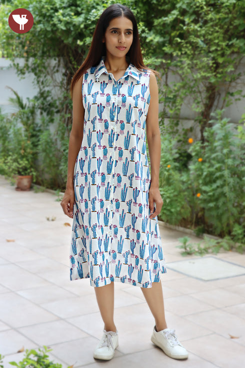 Cambric Cotton Sleeveless Dress in Block Print