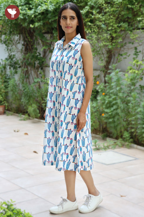 Cambric Cotton Sleeveless Dress in Block Print