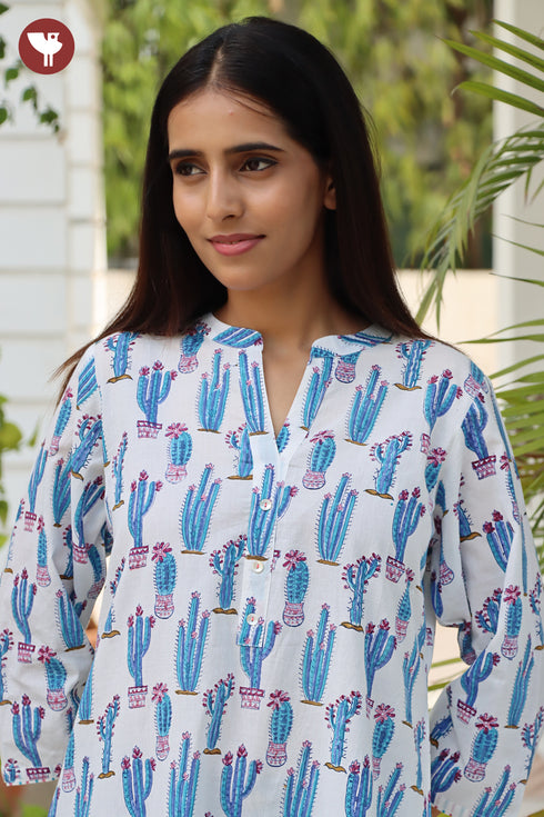 Cambric Cotton White Kurta in Block Print