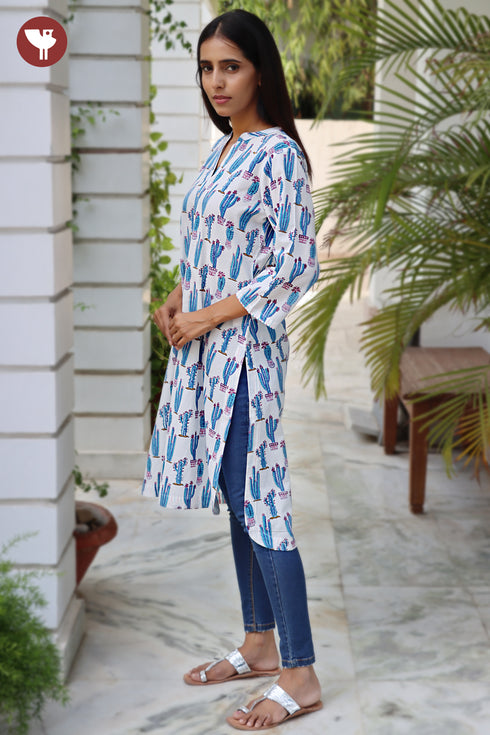 Cambric Cotton White Kurta in Block Print