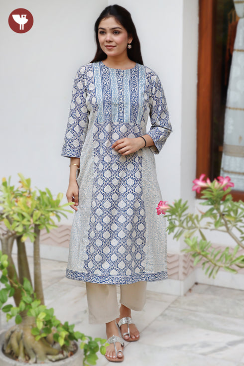 Cambric Cotton Kurta In Floral Block Print