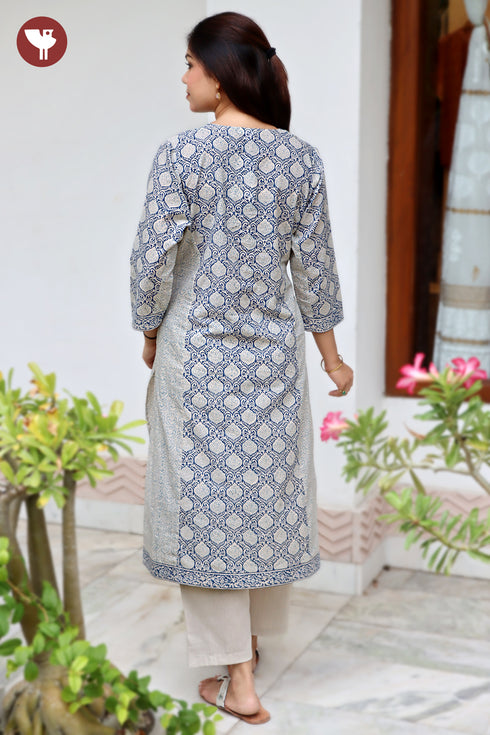 Cambric Cotton Kurta In Floral Block Print