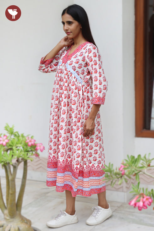 Cambric Cotton Gathered Dress in Floral Block Print