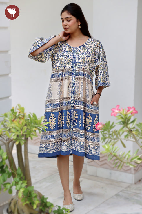 Cambric Cotton Gathered Dress in Floral Block Print