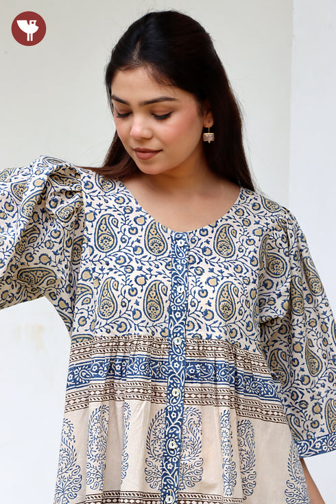 Cambric Cotton Gathered Dress in Floral Block Print