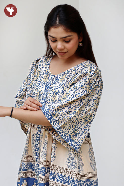 Cambric Cotton Gathered Dress in Floral Block Print